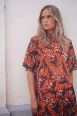 Vestido Alice Manga Corta Naranja Flores - The Nook Store