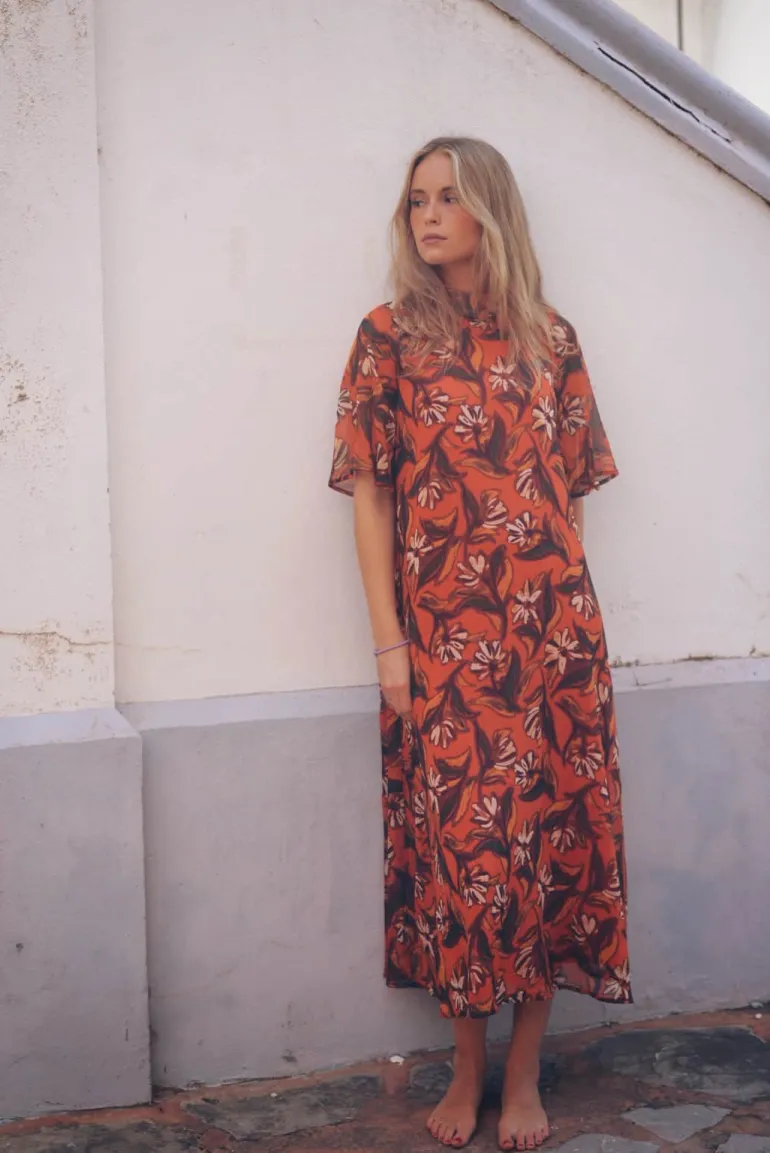 Vestido Alice Manga Corta Naranja Flores - The Nook Store