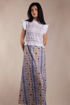 Vestido Allegra Bordado Embroidery Blue and Mustard - The Nook Store