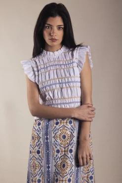 Vestido Allegra Bordado Embroidery Blue and Mustard - The Nook Store